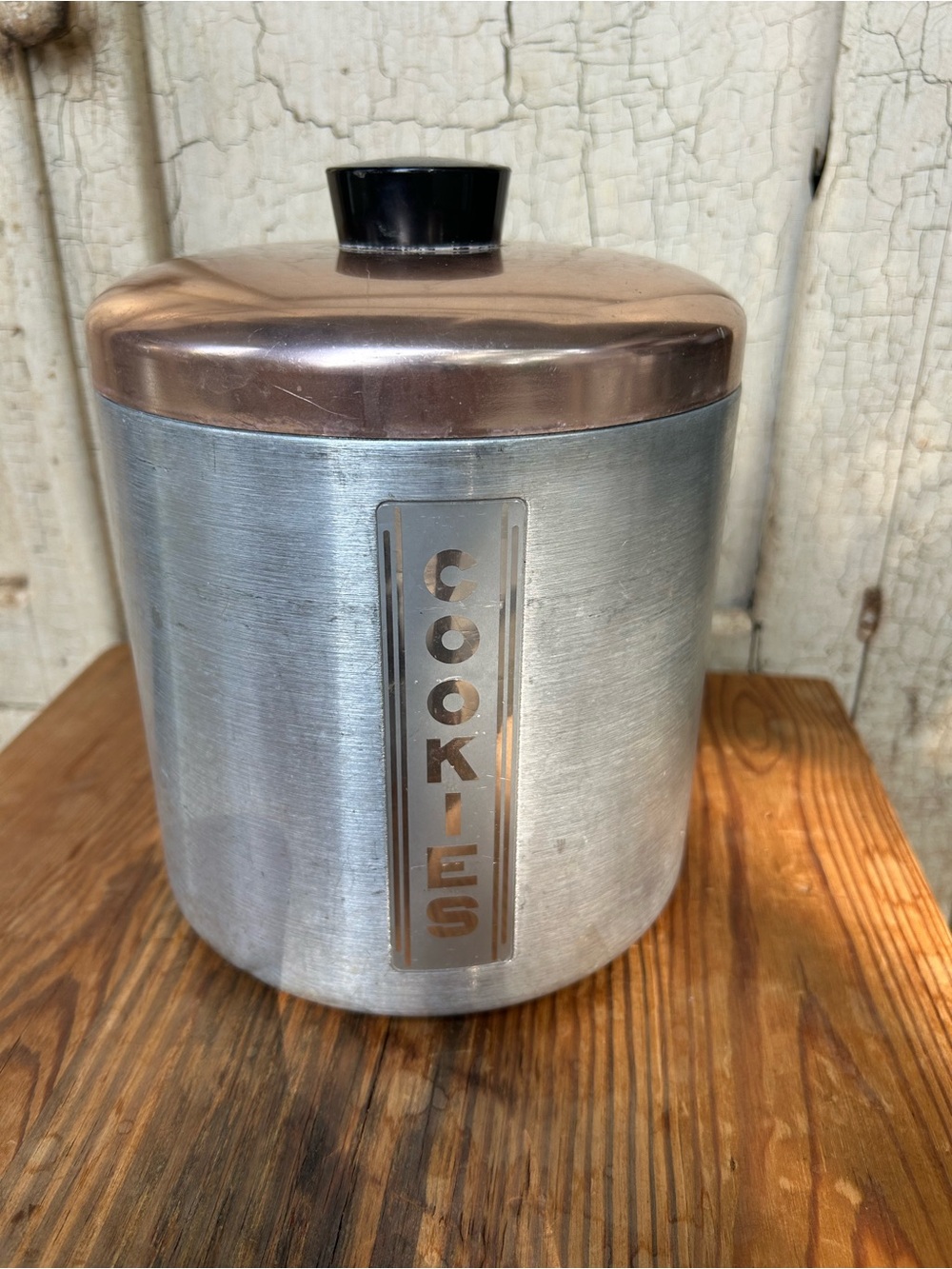 Vintage Metal Cookie Canister with Copper Lid - Silver & Copper